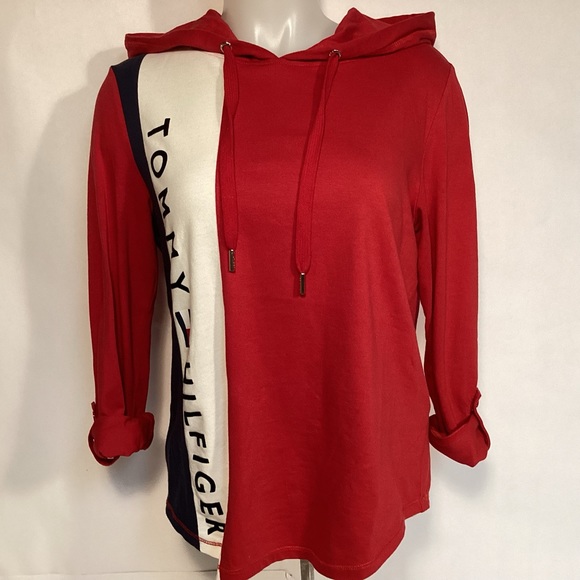 Tommy Hilfiger Sport Womens Hooded shirt size XS large logo tab sleeve - Picture 6 of 9